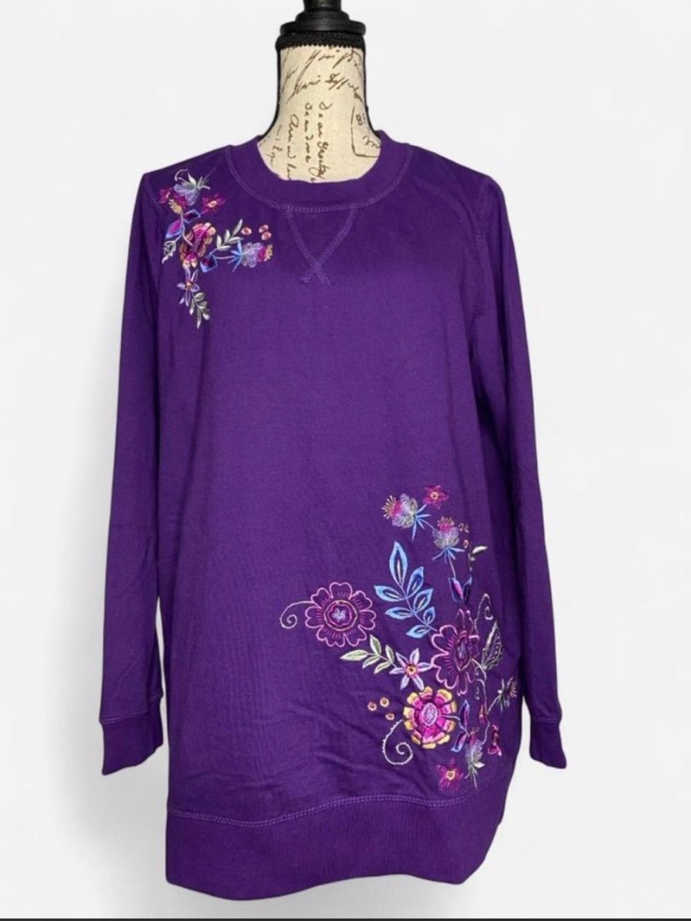 Woman Within Purple Embroidered Floral Long-Sleeve Sweatshirt